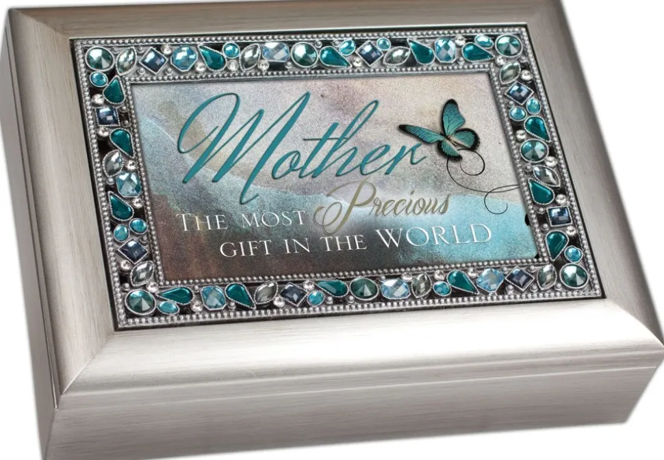 Brushed Silver Finish Decorative Jewel Lid Musical Music Jewelry Box - Plays Wind Beneath My Wings